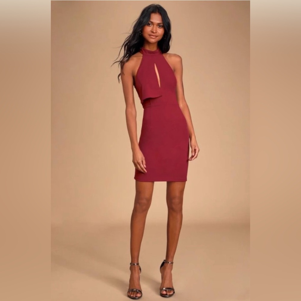 NWT Lulu’s Rayleigh Burgundy Lace Halter Bodycon Mini Dress - Small